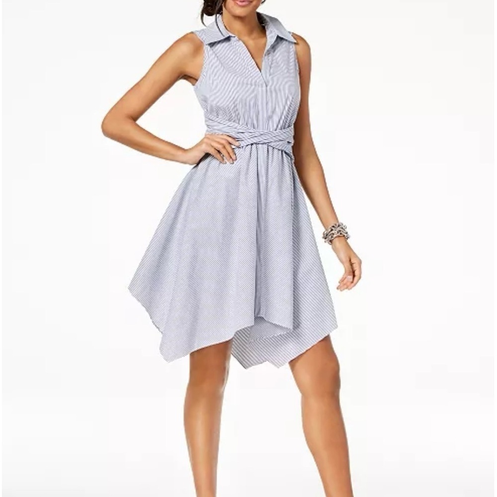 INC Blue White Size 6 Sleeveless Handkerchief Shirtdress Preppy Nautical Spring